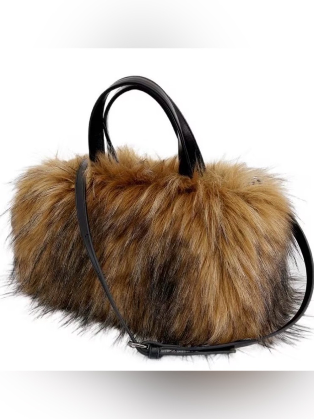 Faux Fur Barrel Shoulder Bag with Black Leather Handles - Brown
